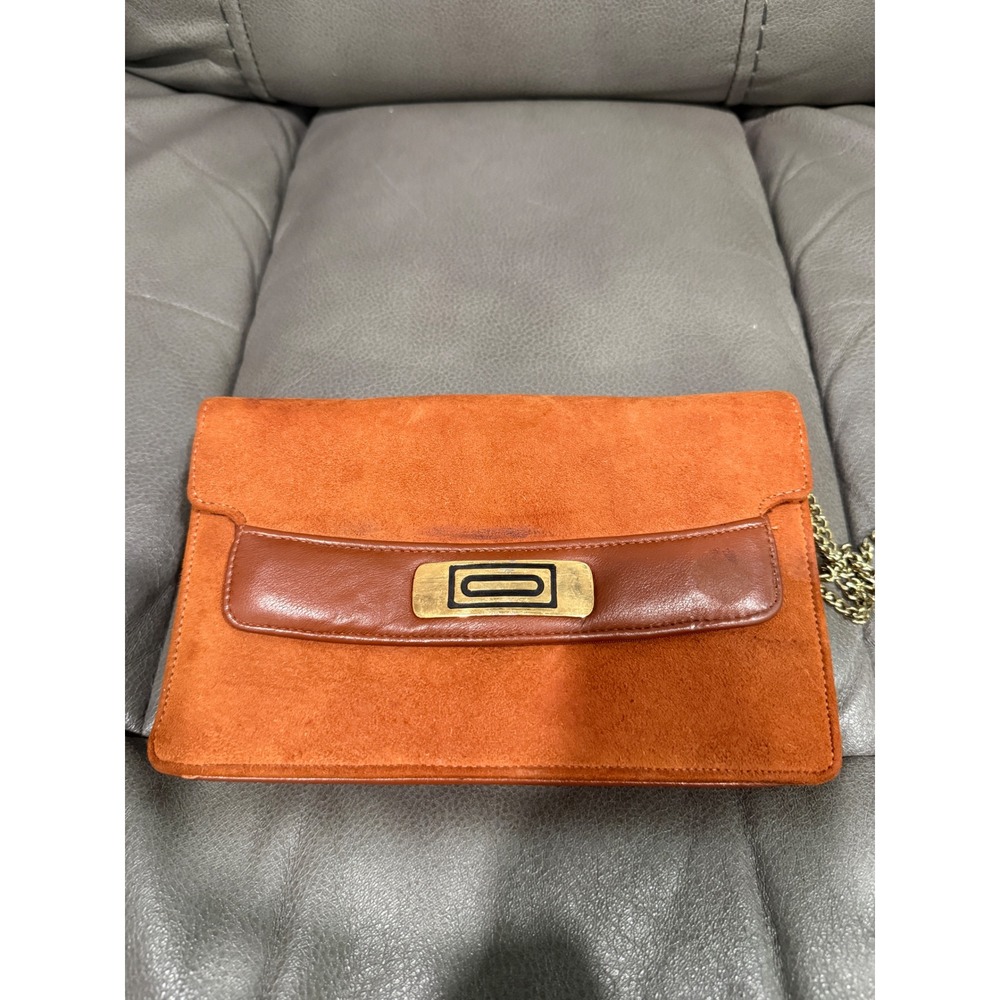 Vintage Ande Burnt Orange‎ Suede Clutch Bag Leather Trim Gold Chain Strap 9x5.5